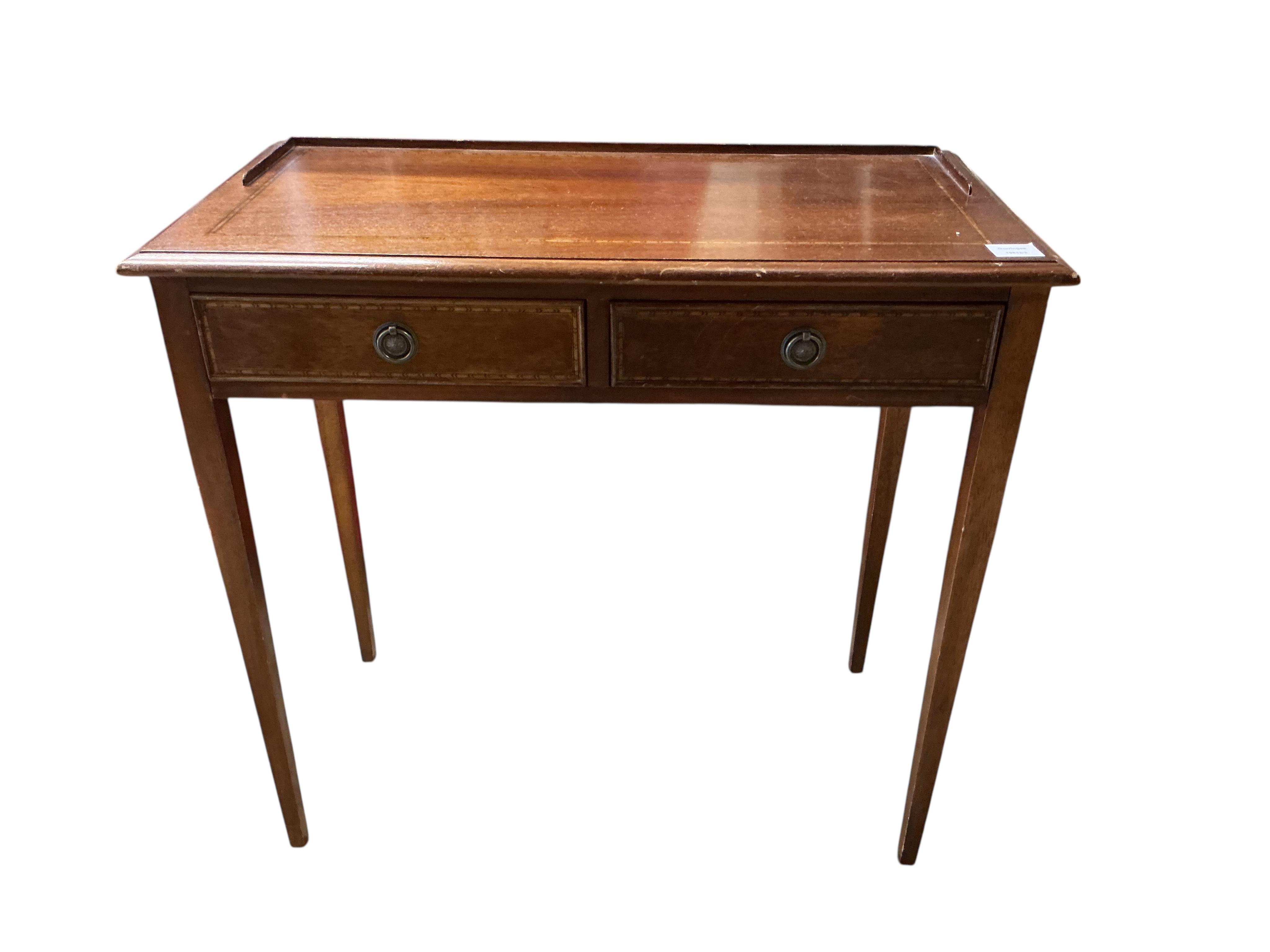 An Edwardian style inlaid mahogany two drawer side table, width 79cm, depth 40cm, height 75cm